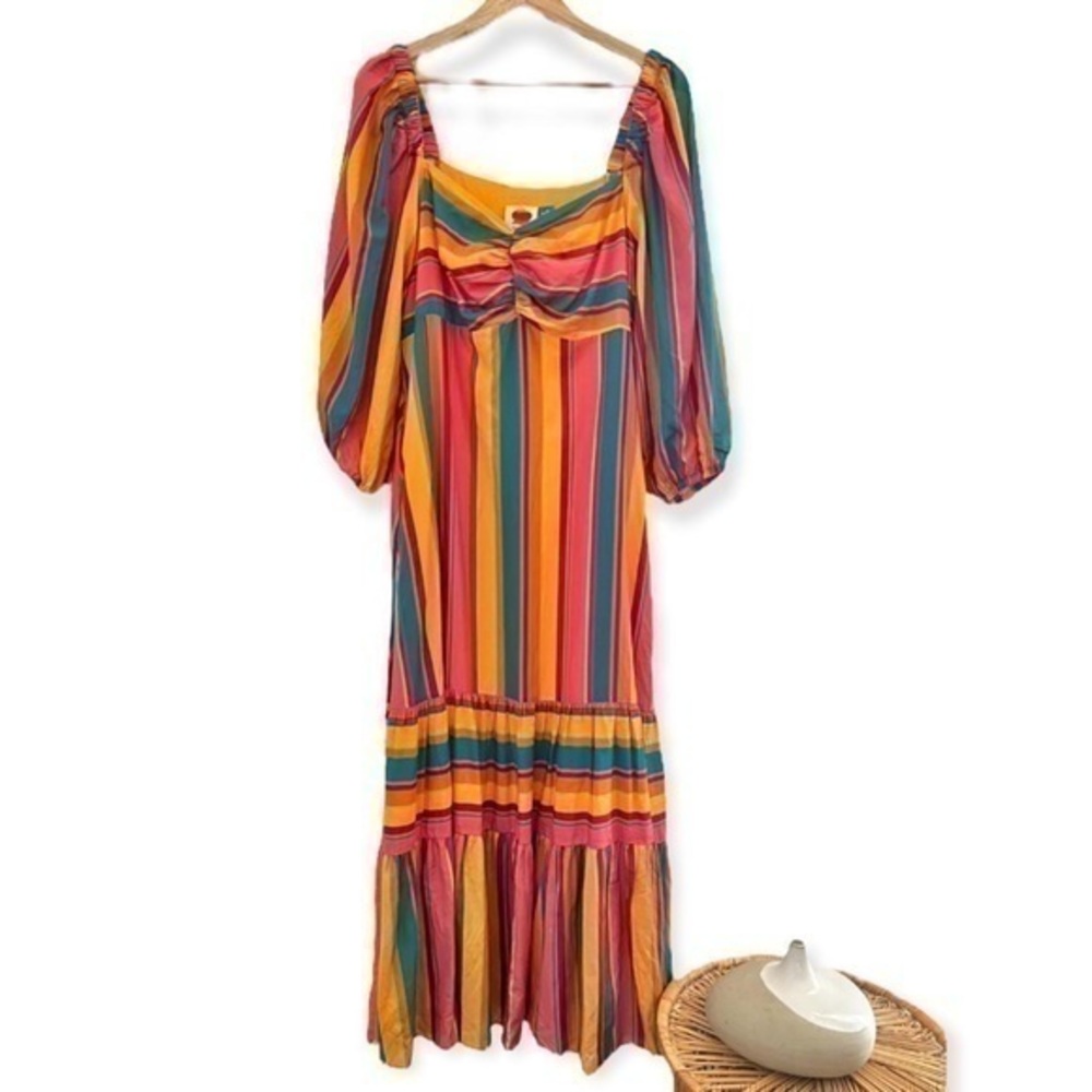 FARM Rio Rainbow Striped Puff Sleeve Maxi Dress NWT
